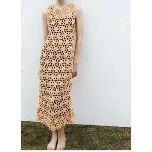 ZARA Long Knit Floral Dress Orange Crochet $119 BNWT